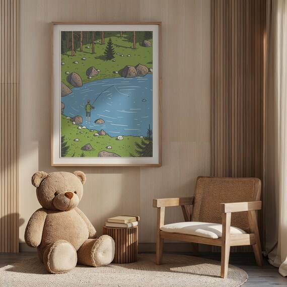 Fishing Adventure Lake Scene Wall Art Outdoor Nature Nursery Decor Kids Fishing Poster Forest Greenery Child Room Decor Gift