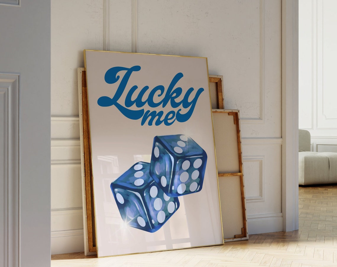 Lucky Me Blue Script With Sparkling Blue Dice Retro Casino Poster - Image 4
