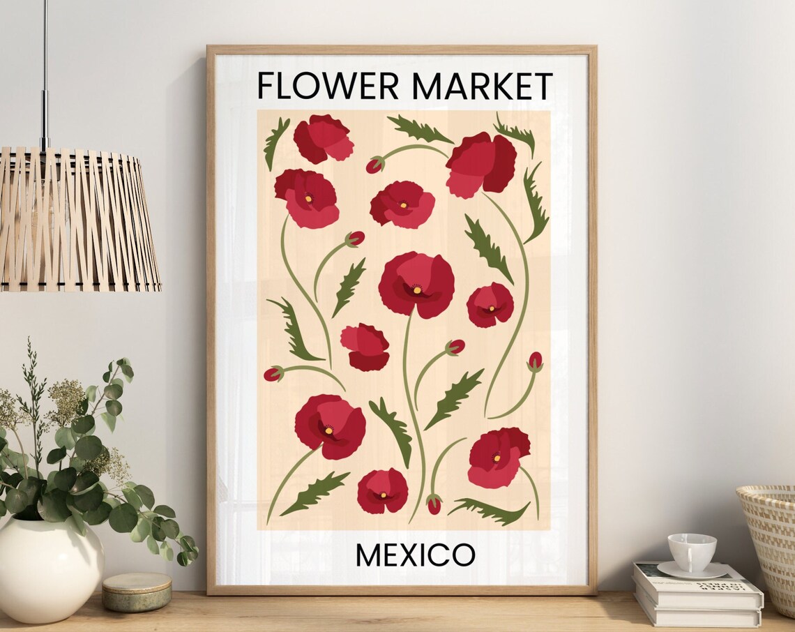Flower Market Mexico Red Poppy Botanical Travel Art Wall Poster - Image 2