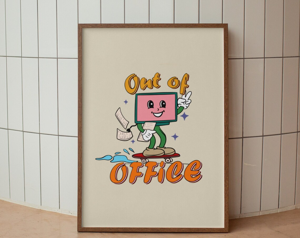 Out of Office Funny Retro Computer Character Skateboard Poster - Image 4