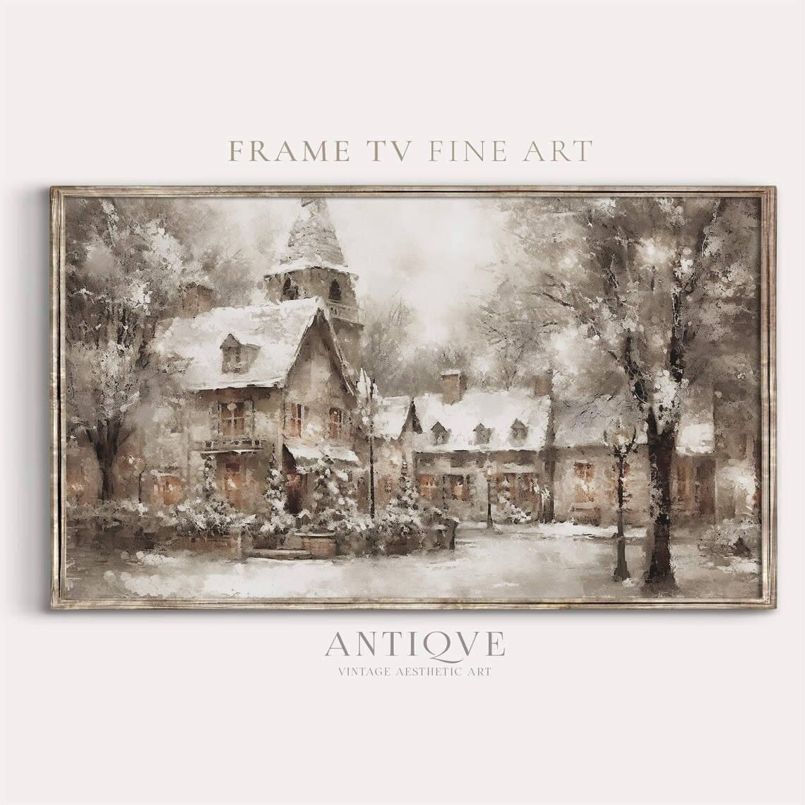 Snowy Christmas Village with Church Vintage Holiday Painting Print - Image 2