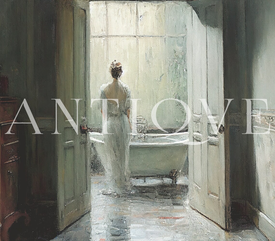 Antique Bathroom Woman Painting, Blue Portrait Art Print - Image 3
