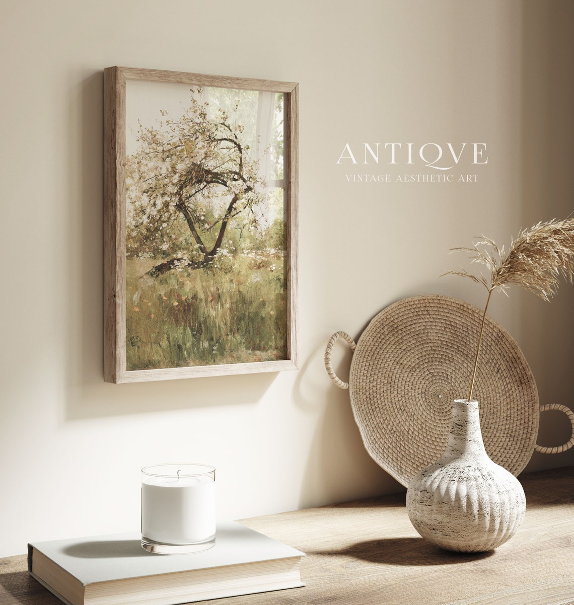 Spring Flowering Tree In Wildflower Meadow Soft Pastel Painting Poster - Image 2
