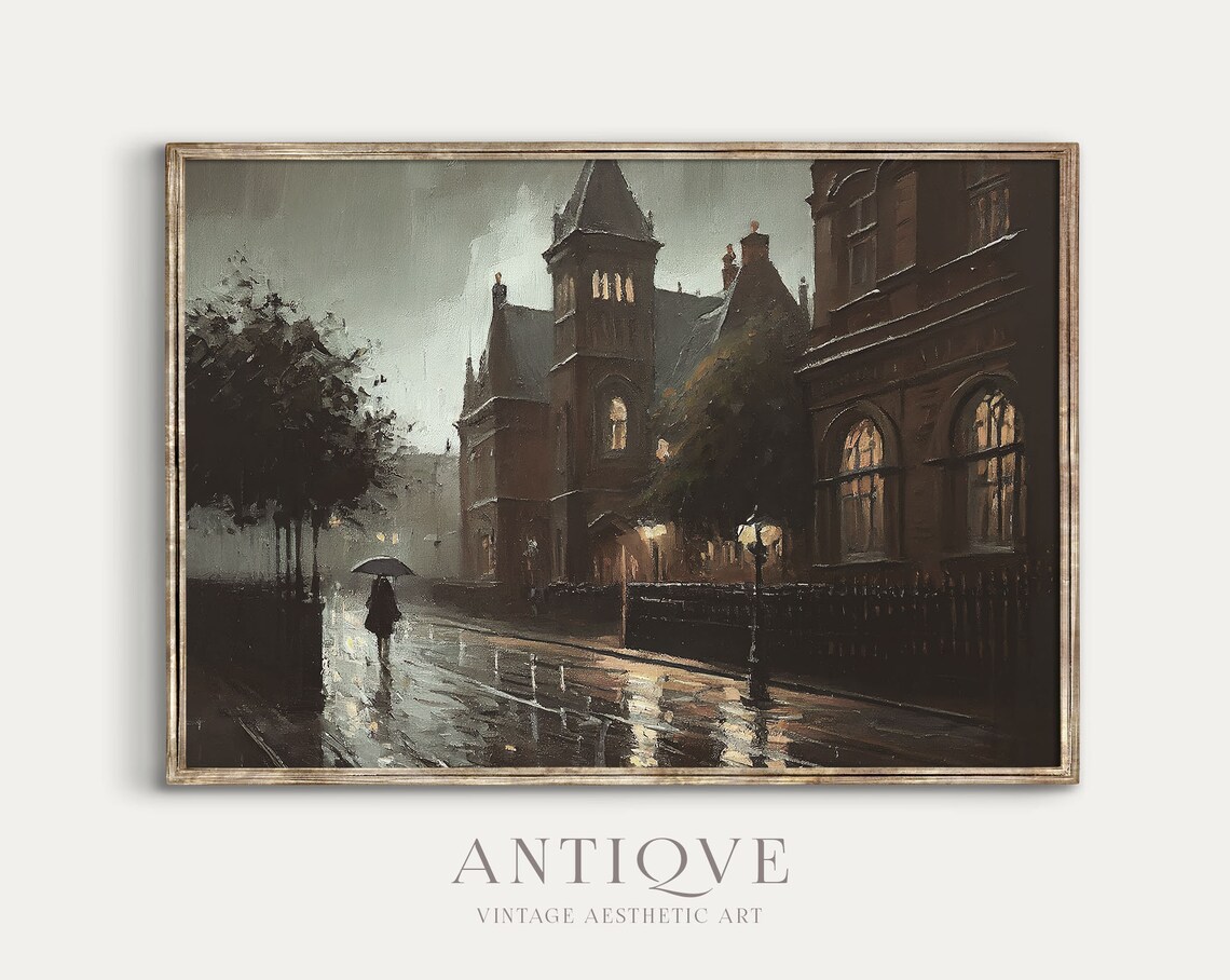 Moody Victorian City Street in the Rain, Art Print - Image 2