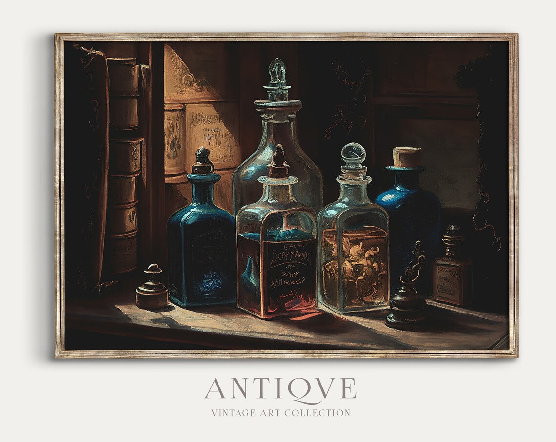 Dark Apothecary Glass Bottles Vintage Art Print