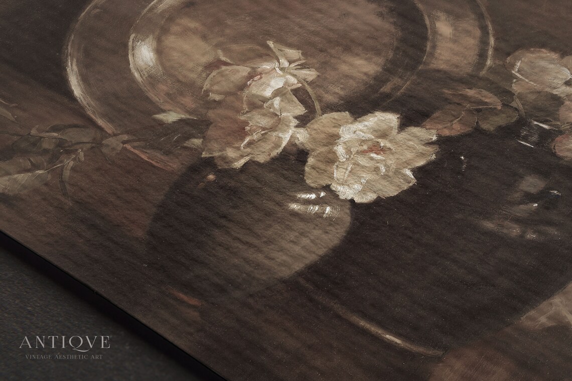 Pewter Plate White Roses Dark Vases Vintage Still Life Print - Image 4
