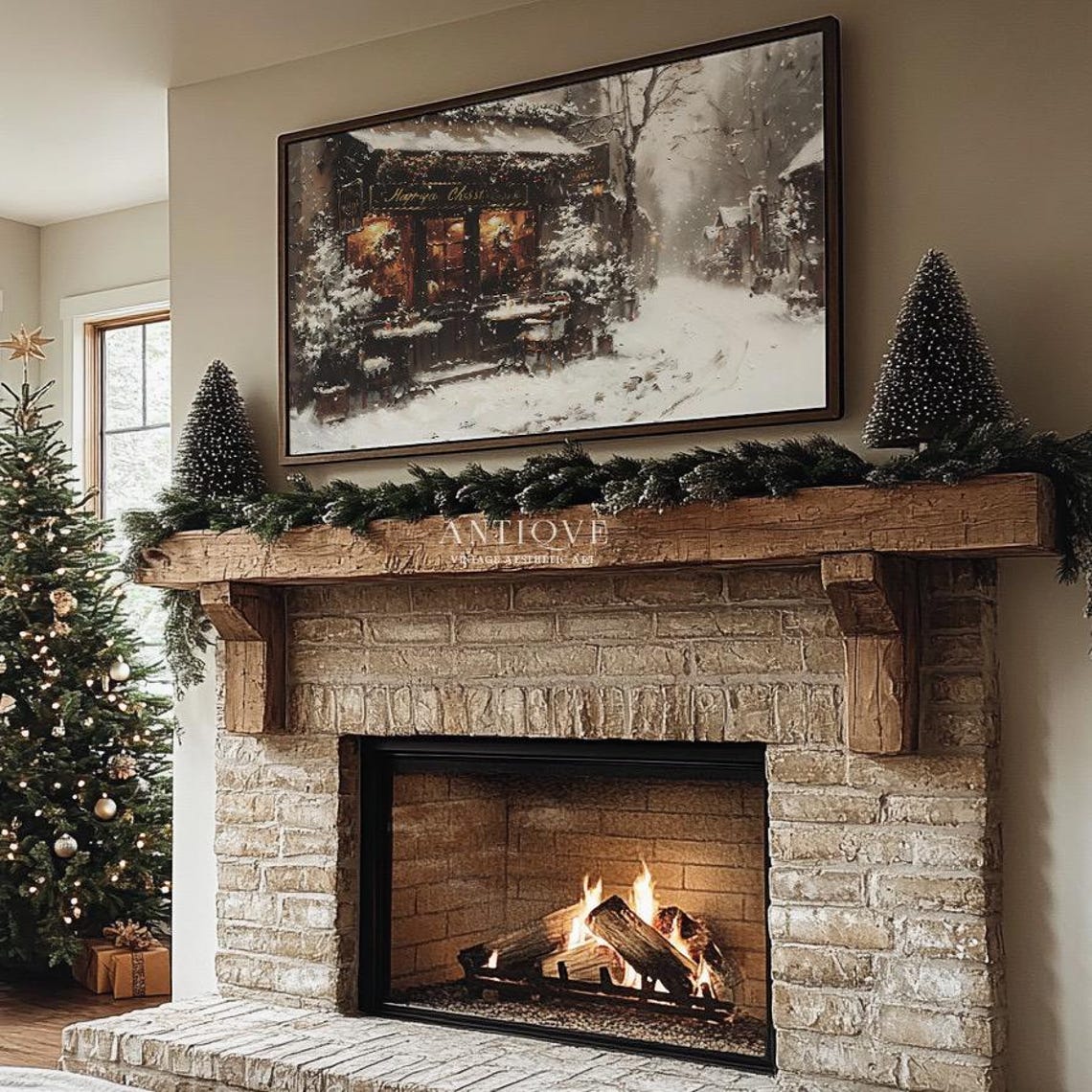 Snowy Cafe Storefront Merry Christmas Glowing Windows Winter Wall Art - Image 3