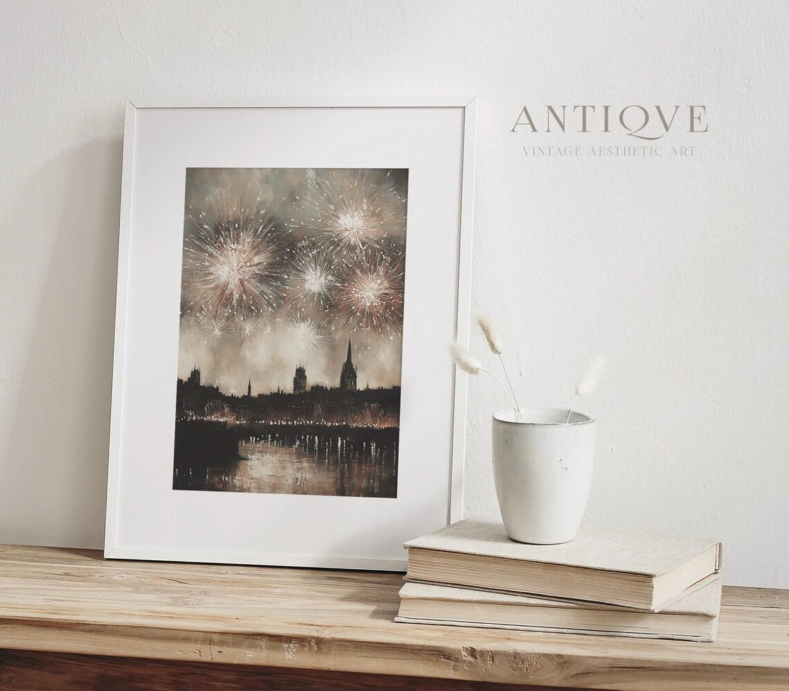 Fireworks Over City Skyline Vertical Oil Painting Festive Print - Image 3