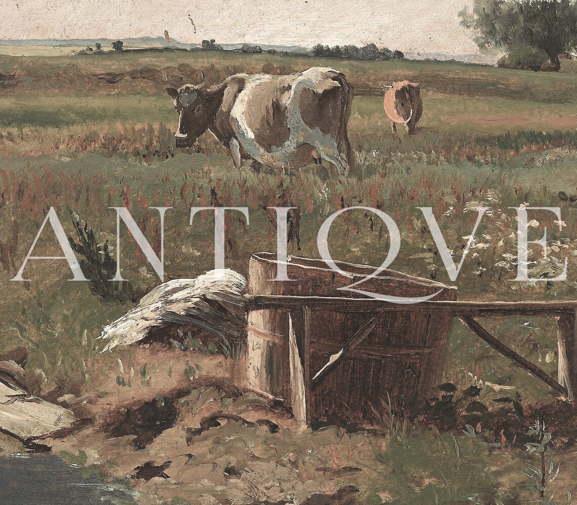Cows Grazing In Green Pasture Antique Farmhouse Oil Painting Poster - Image 4