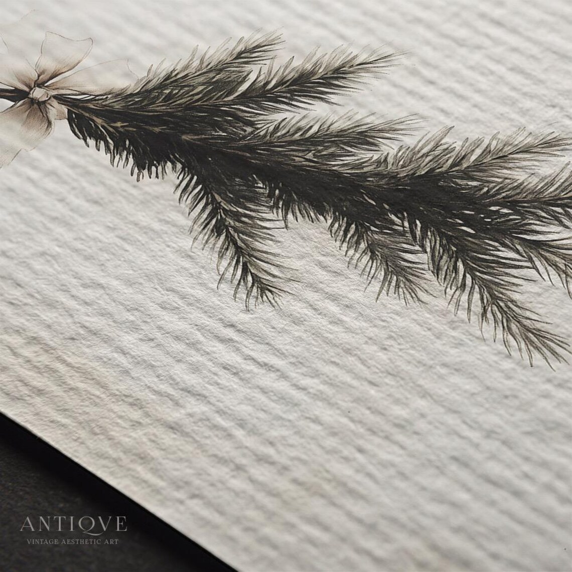 Evergreen Branch With Beige Ribbon, Rustic Holiday Art - Image 2