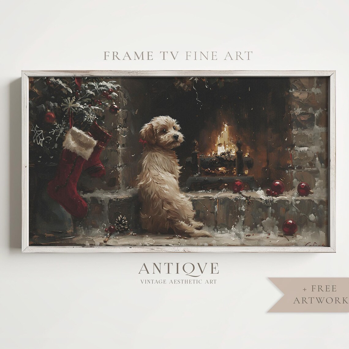 Dog By Fireplace Christmas Art Print, Cozy Holiday Decor - Image 4