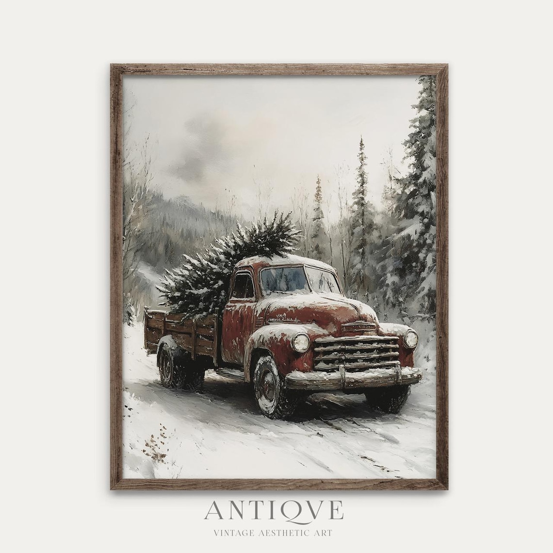 Vintage Red Truck Carrying Christmas Tree In Snow Winter Art Poster