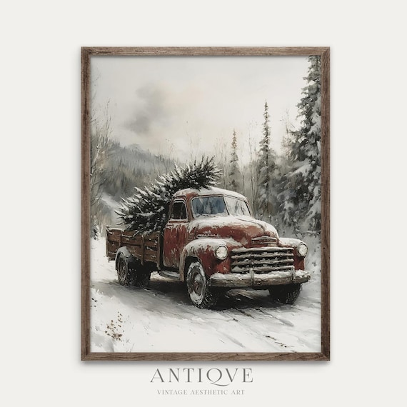 Vintage Red Truck Carrying Christmas Tree In Snow Winter Art Poster