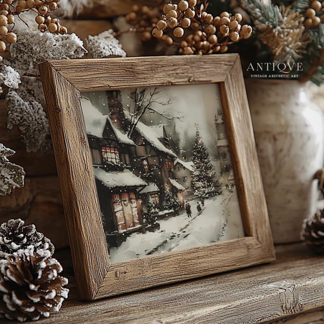 Christmas Village Street With Big Lit Tree At Night Snow Art Poster - Image 4