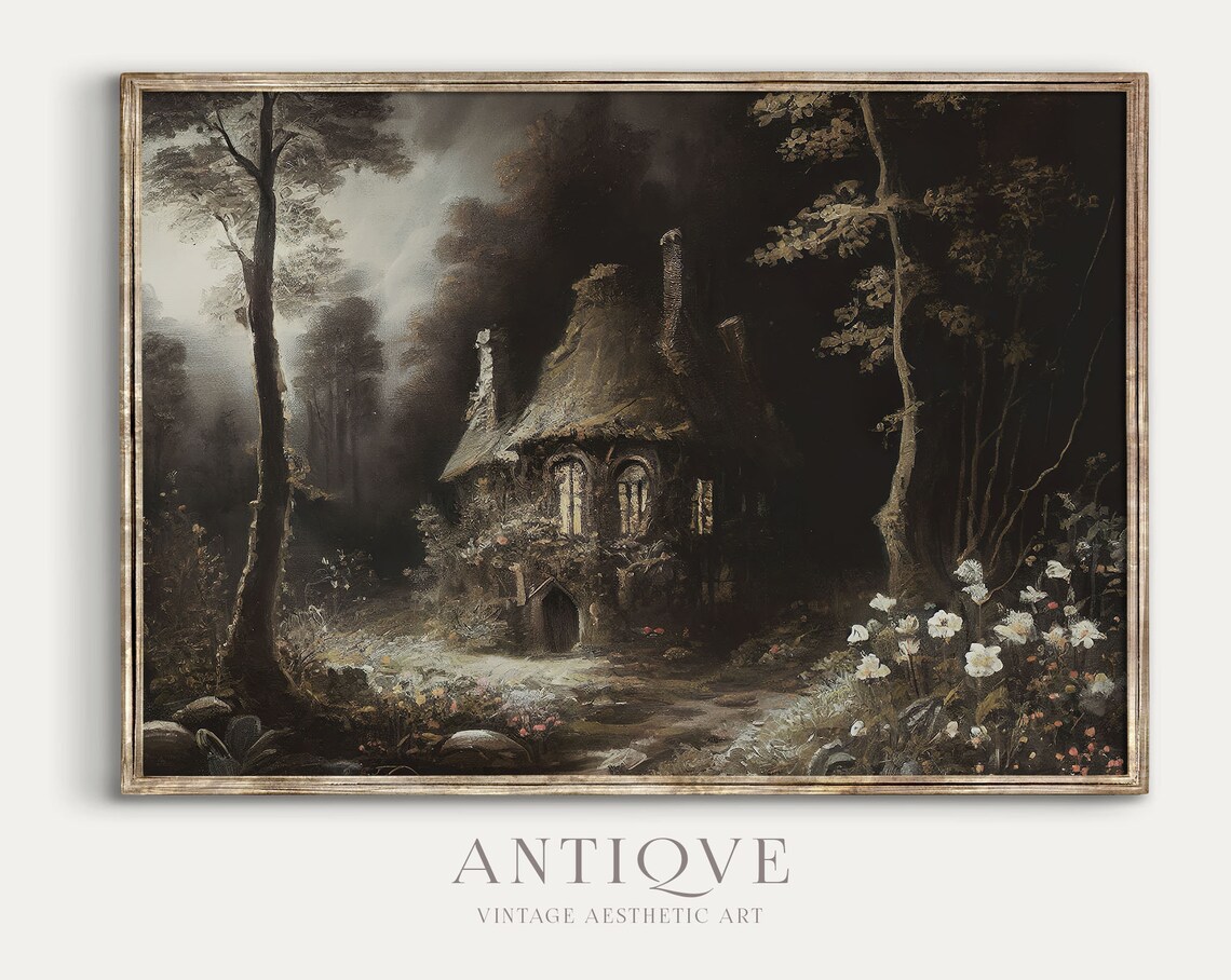 Magical Dark Cottage in the Forest, Vintage Art Print