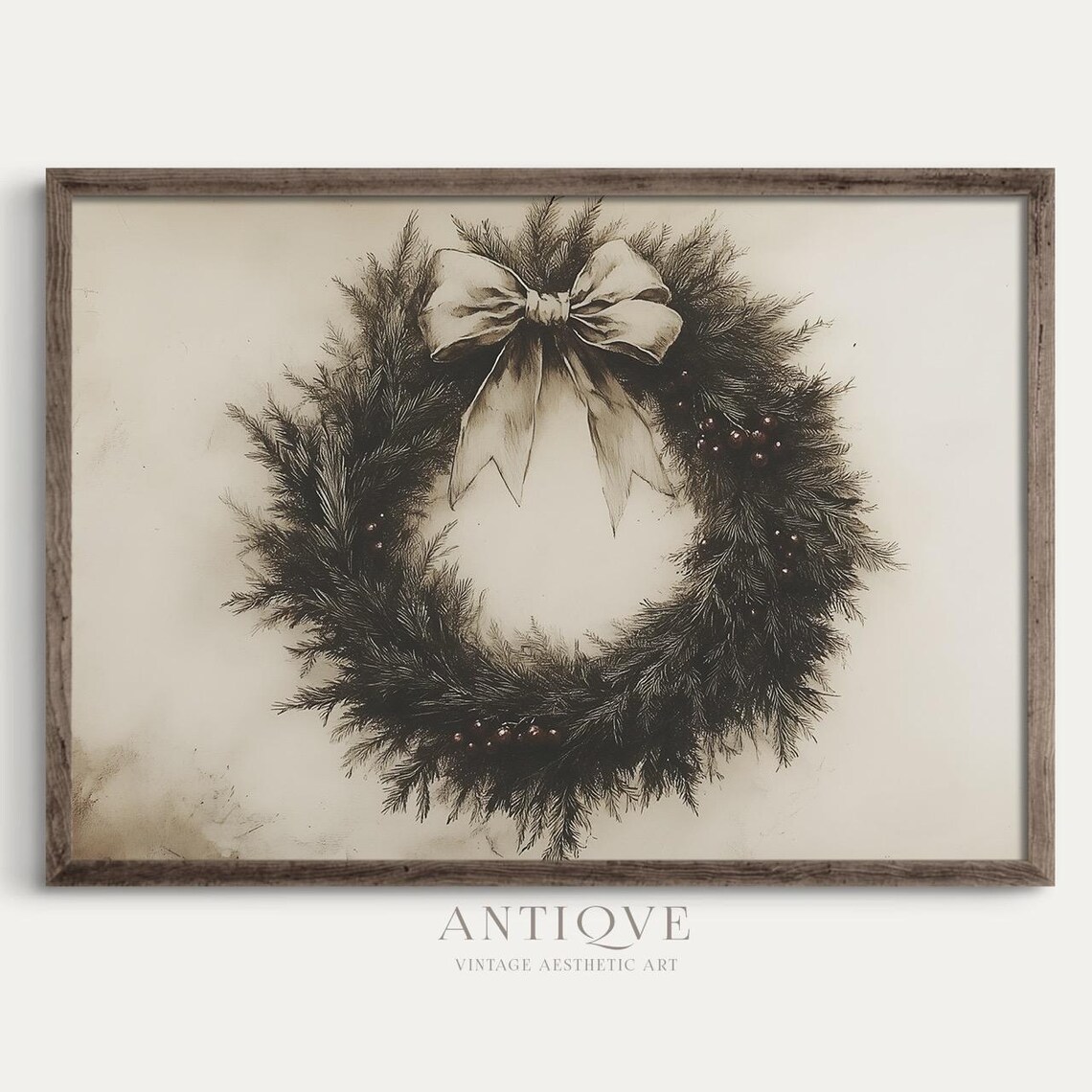 Christmas Wreath With Bow Sketch, Rustic Holiday Art