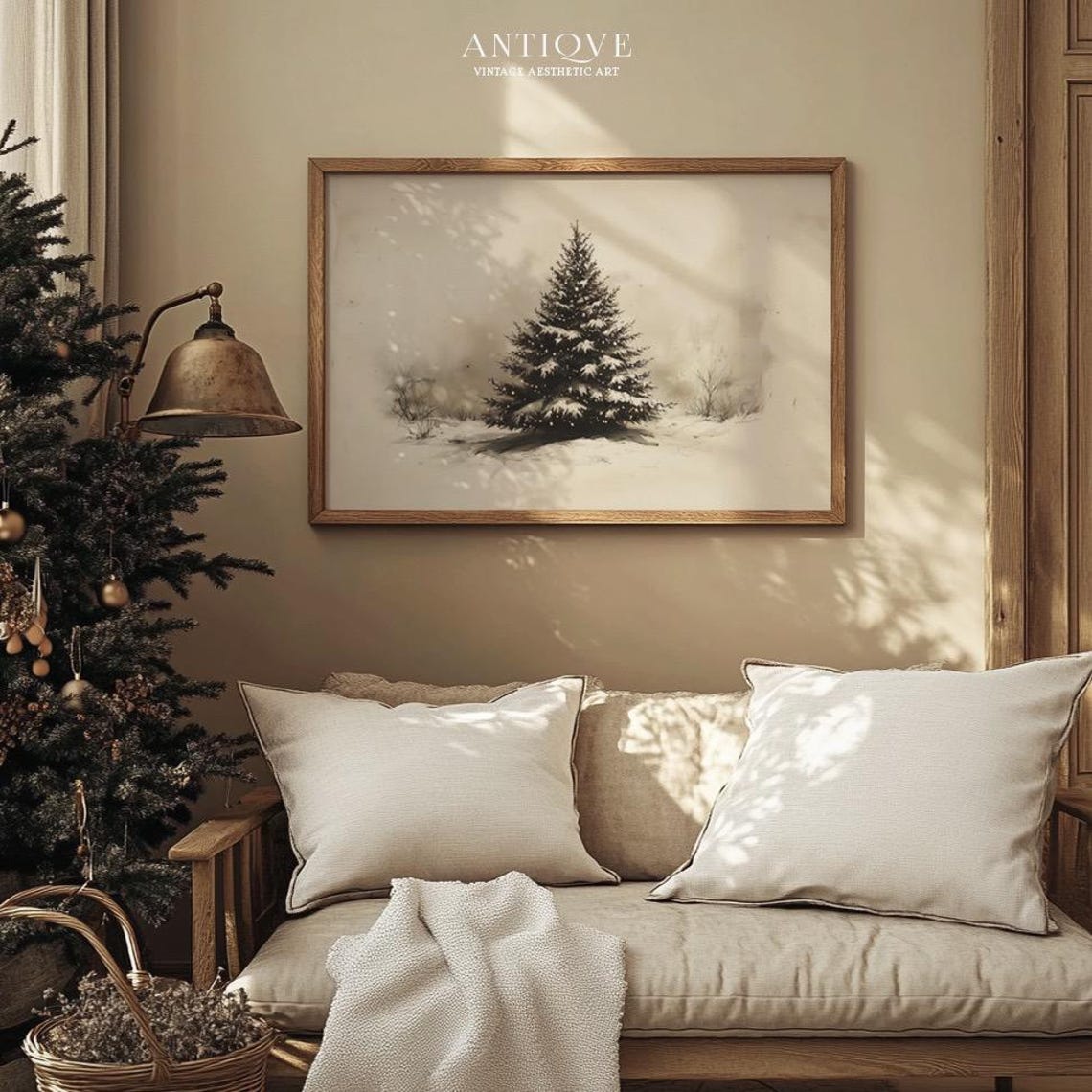 Snowy Evergreen Tree Winter Sketch Neutral Rustic Holiday Print - Image 3