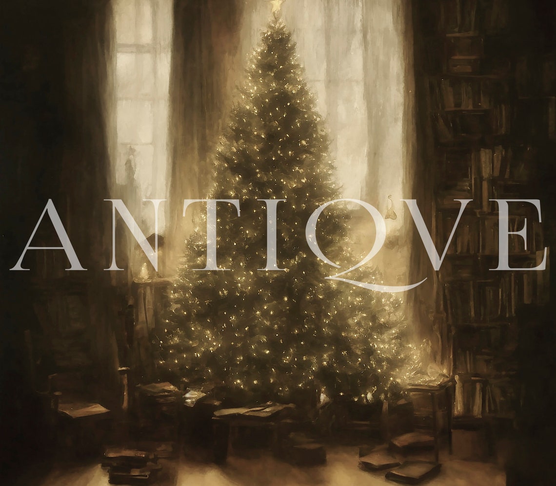 Glowing Christmas Tree In Dark Library Moody Holiday Painting Poster - Image 3