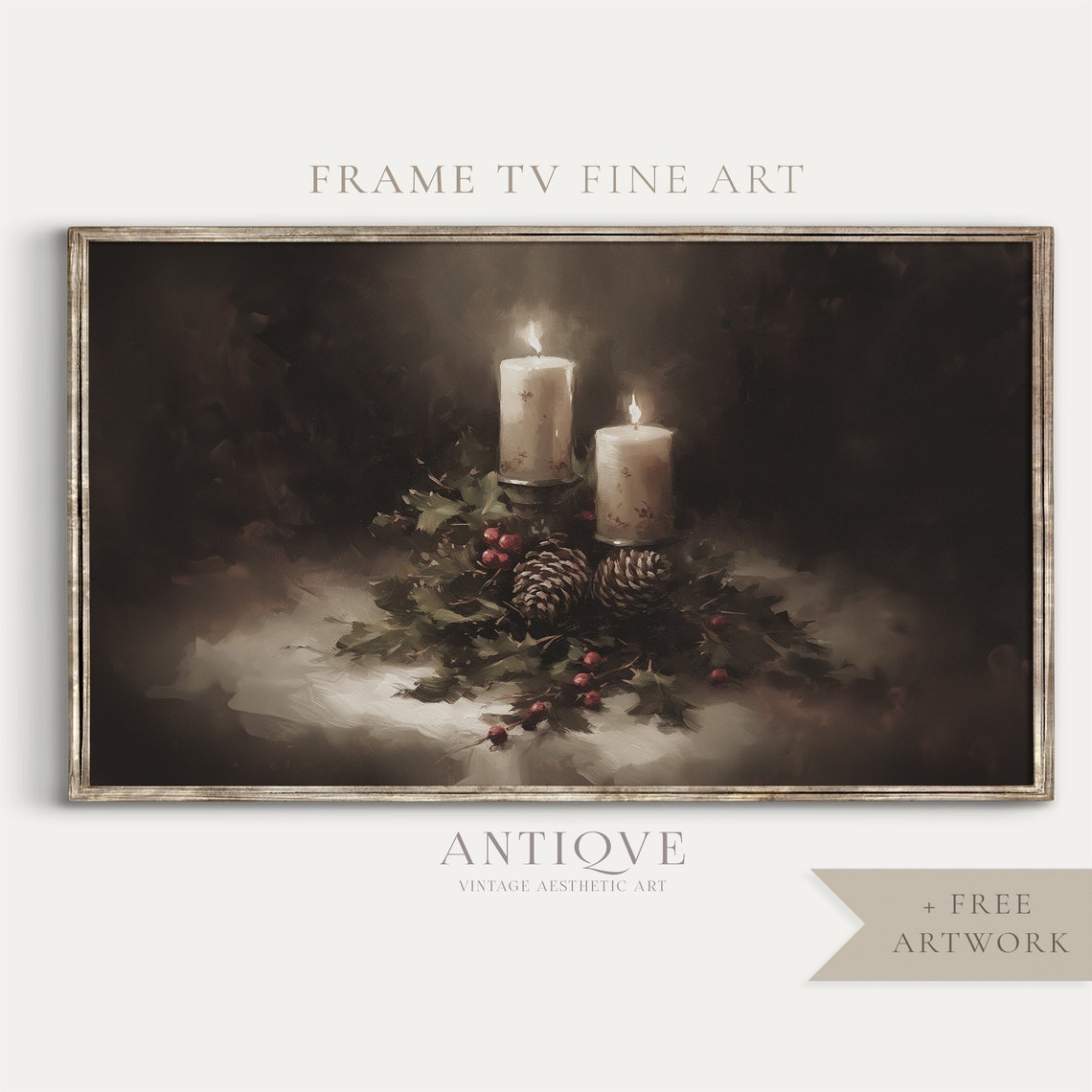 Lit Christmas Candles with Pinecones and Holly Still Life Art Print