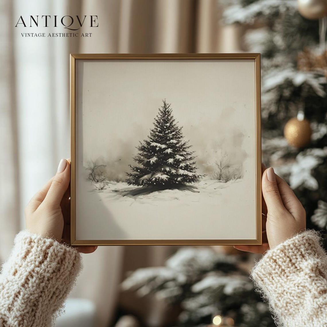 Square Snowy Pine Tree Print Neutral Fir Tree Sketch Rustic Holiday Decor 2546sq - Image 2
