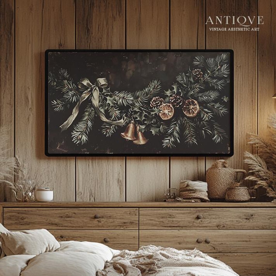 Gold Bells Garland With Dried Oranges Moody Christmas Fine Art Print - Image 2