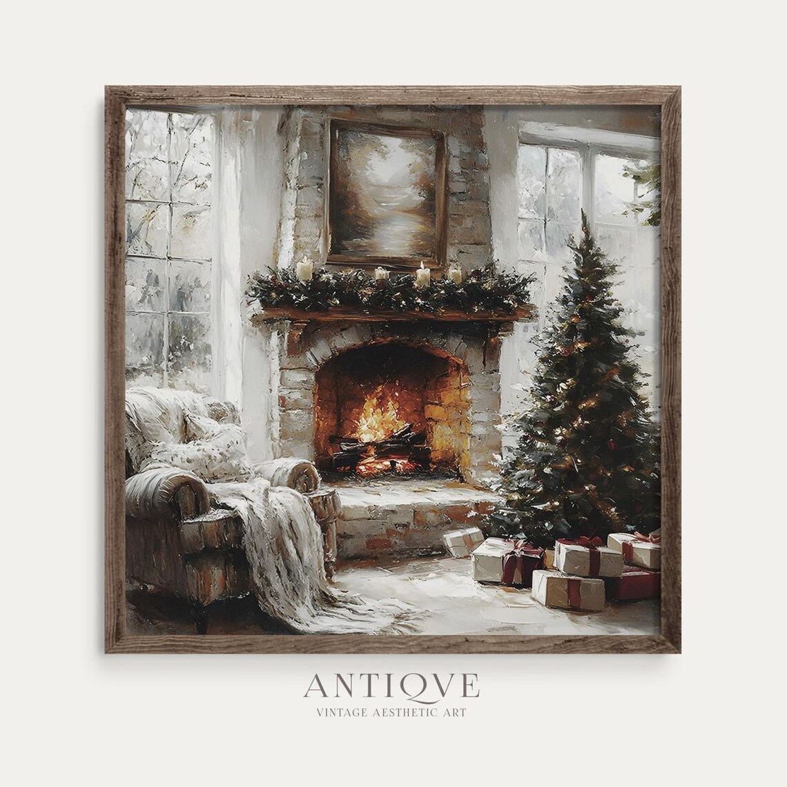 Warm Stone Fireplace With Christmas Tree And Gifts Winter Room Poster - Image 2