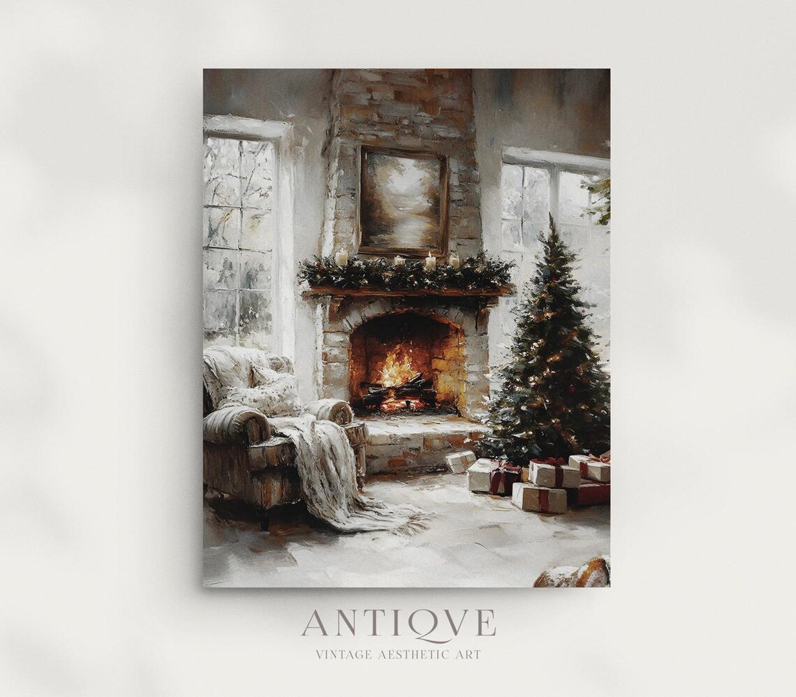 Cozy Fireplace Room With Christmas Tree Gifts And Mantel Garland Poster - Image 2