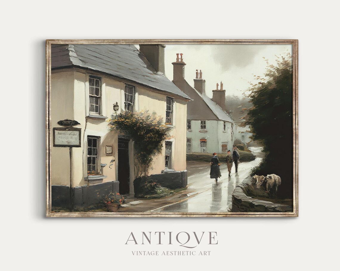 Rainy Village Street Old Pub Cottages Oil Painting Style Print - Image 2