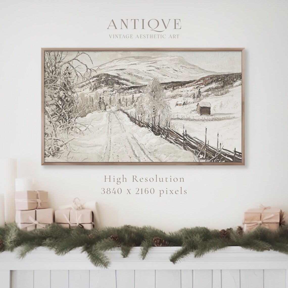 Snowy Country Road with Fences Mountains Cabin Vintage Winter Wall Art - Image 4