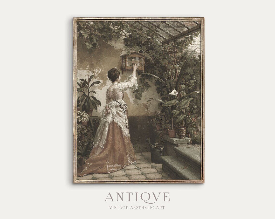 Vintage Greenhouse Oil Painting, Spring Bedroom Art Print