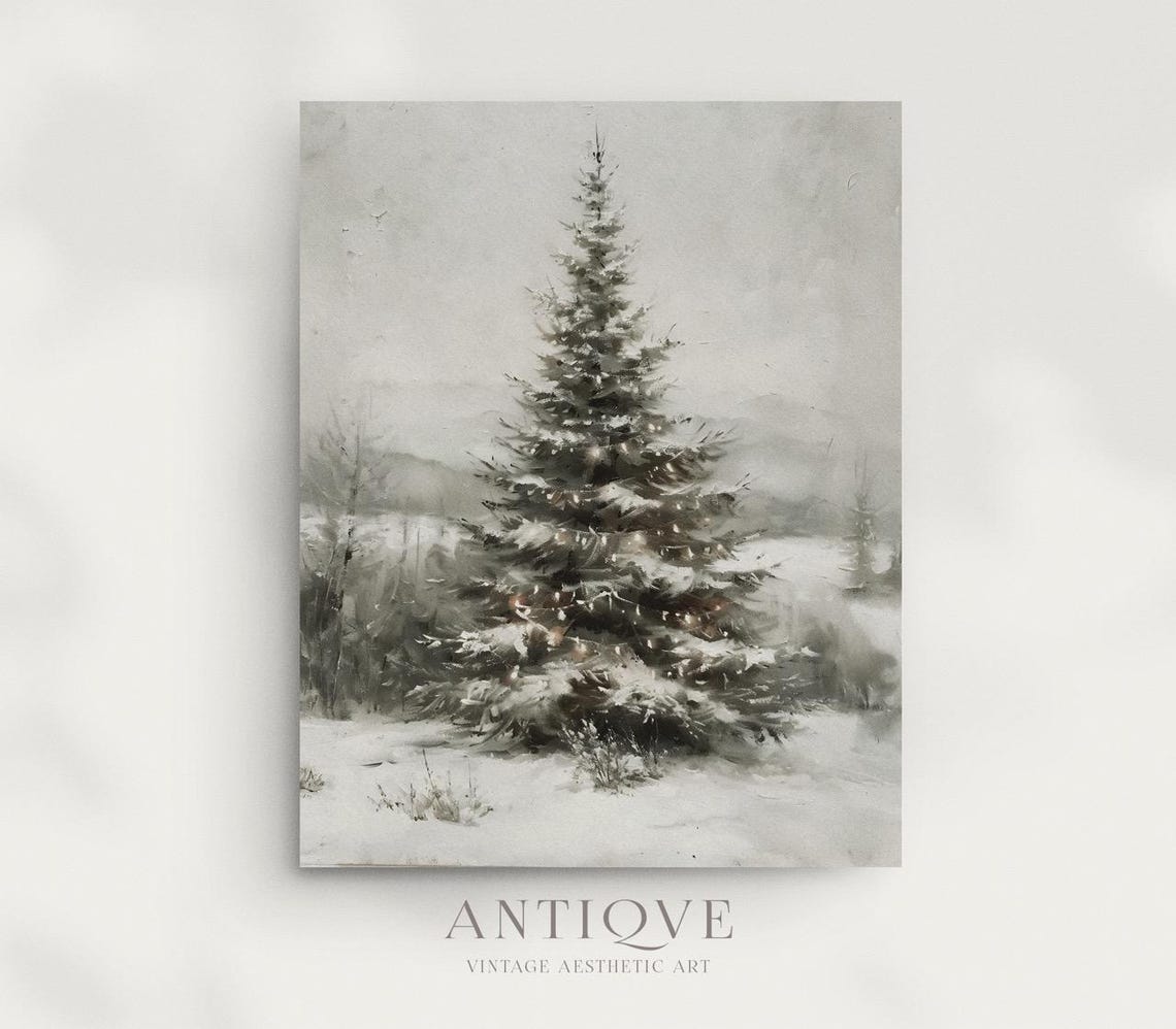 Snow Covered Pine Tree With Twinkle Lights Winter Scene Poster