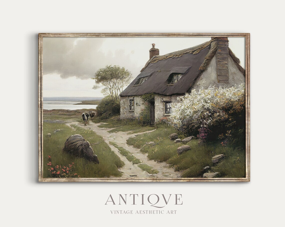 Irish Cottage By The Sea With Cows, Landscape Art Print - Image 2
