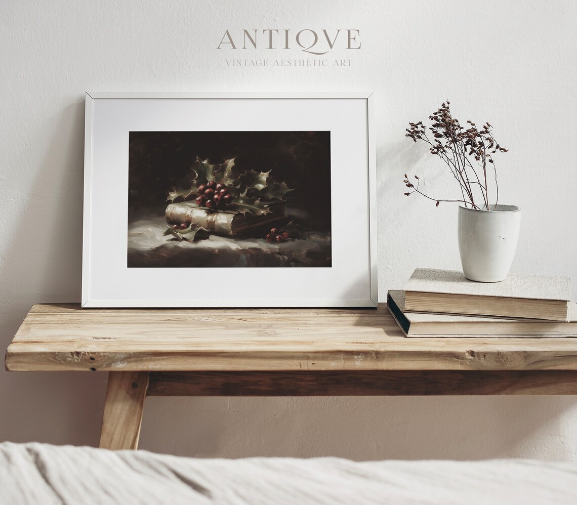Moody Christmas Book And Holly Berries, Rustic Decor - Image 4