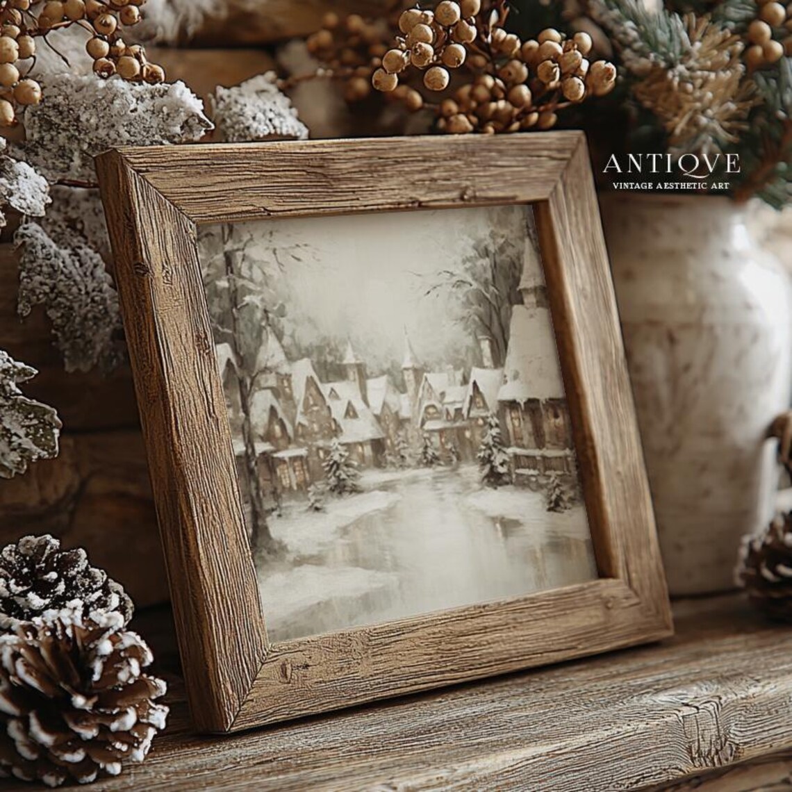 Snowy Village Street Glowing Cottages Winter Evening Painting Wall Art - Image 4