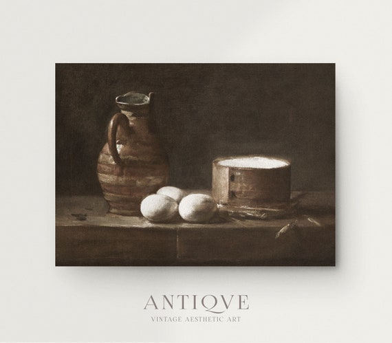 Vintage Still Life Oil Painting Milk Eggs And Cheese Rustic Kitchen Art Moody Farmhouse Decor 778