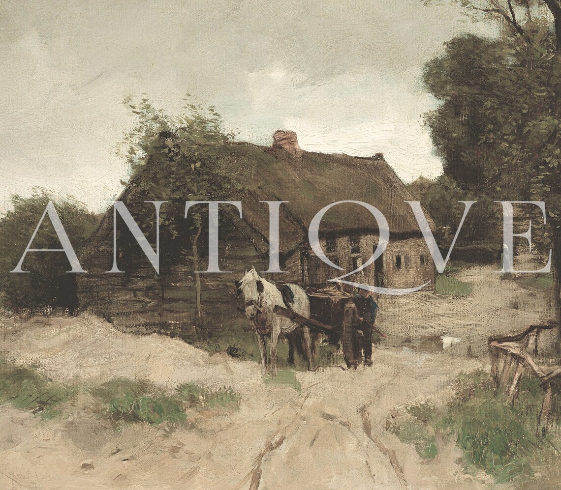 Anton Mauve Horse Cart At Thatched Cottage Antique Painting Poster - Image 2