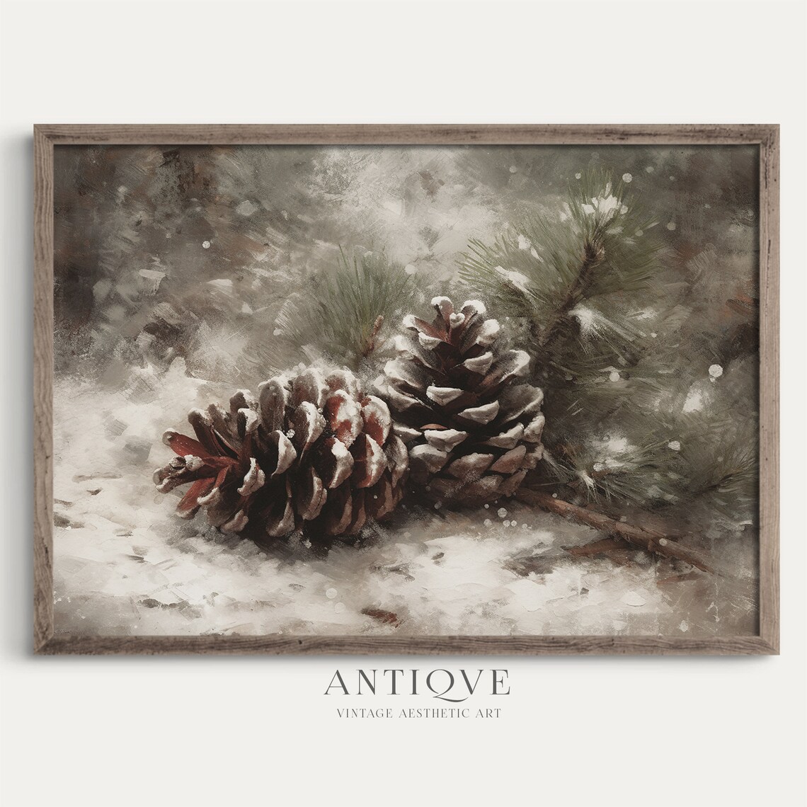 Pine Cones In The Snow, Rustic Christmas Decor Art Print