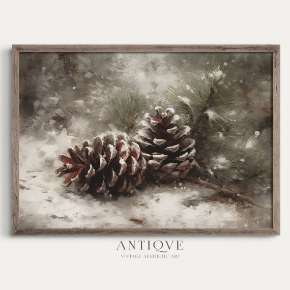 Pine Cones In The Snow, Rustic Christmas Decor Art Print