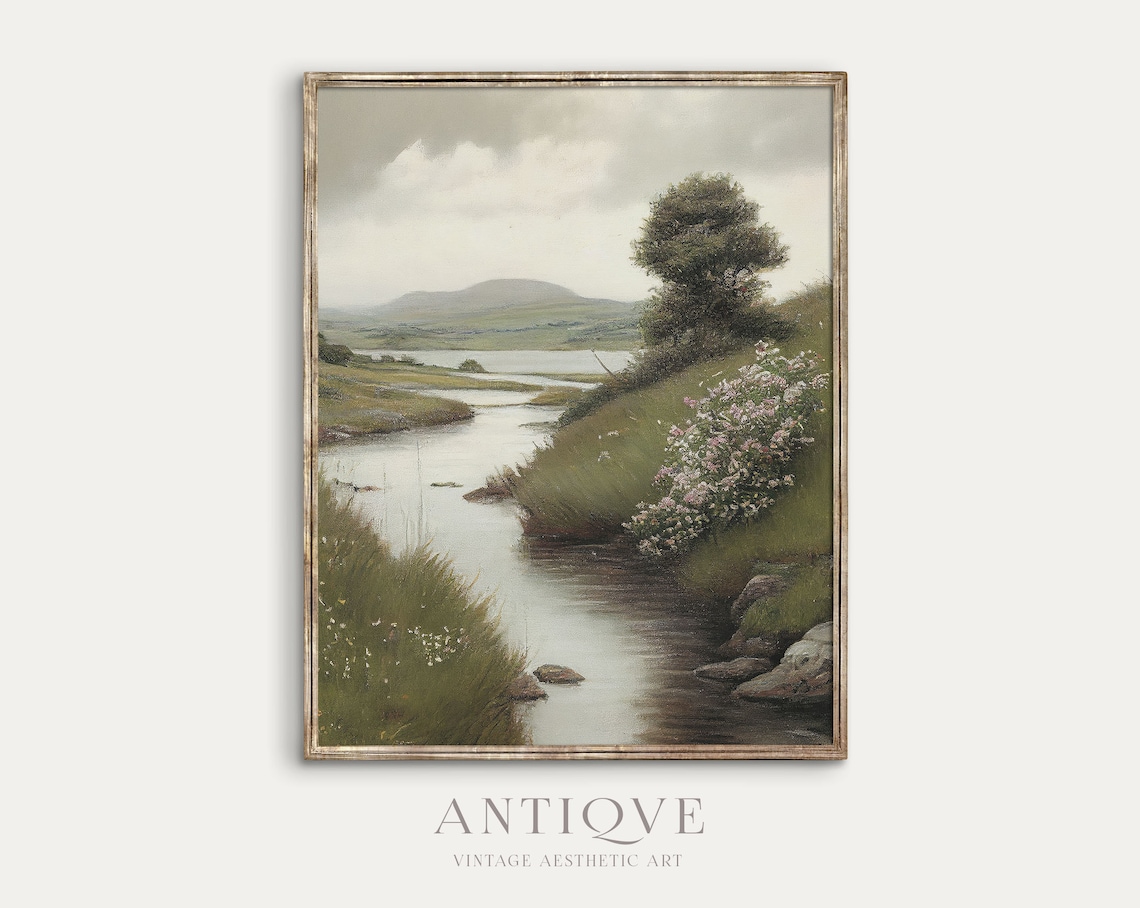 Irish Scenery Vertical Painting, Floral Stream Landscape