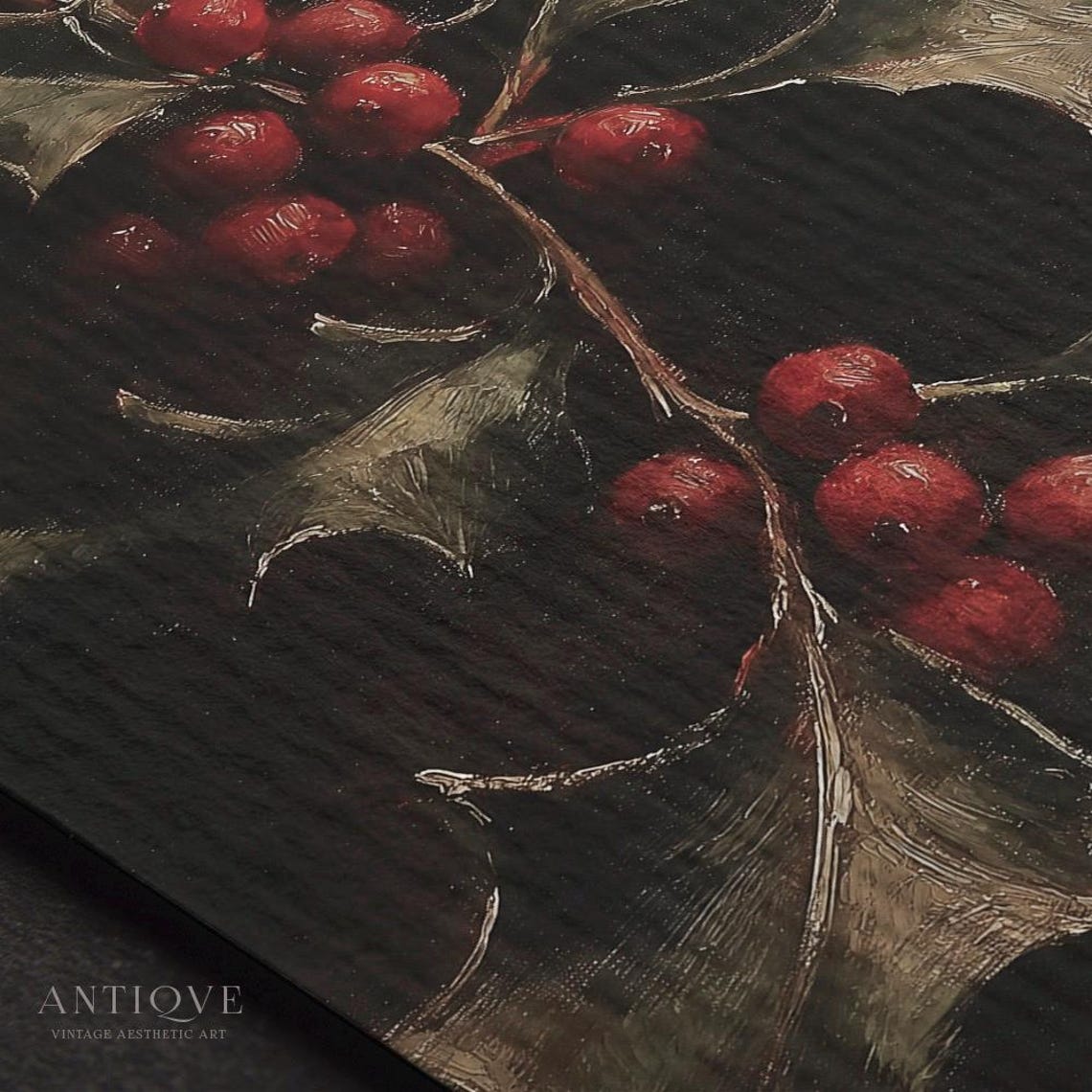Holly And Berries Moody Oil Painting Rustic Christmas Decor Print - Image 2