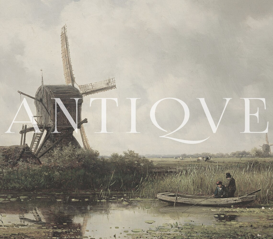 Vintage Windmill Landscape Oil Painting Art Print - Image 3