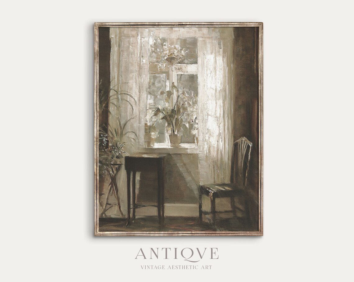 Sunlit Neutral Window Interior With Sheer Curtains Oil Painting Poster