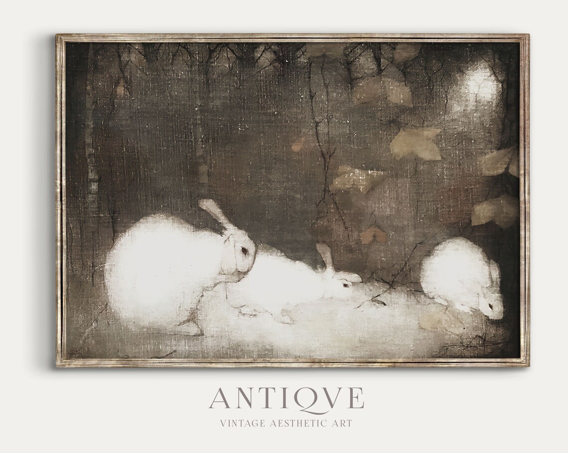 White Bunnies Painting, Dark Cottagecore Decor - Image 2