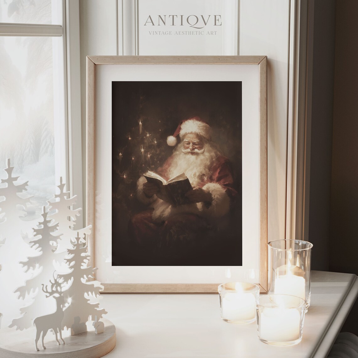Santa Claus Reading by Candlelight Moody Vintage Christmas Wall Art - Image 2