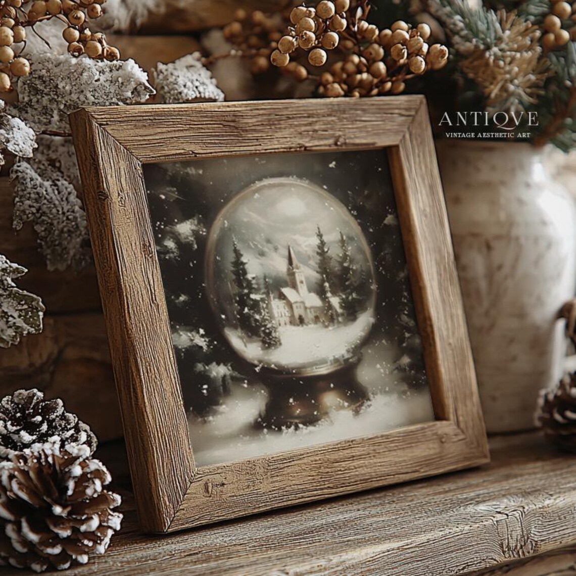 Vintage Snow Globe With Church In Snowy Forest Christmas Art Poster - Image 4