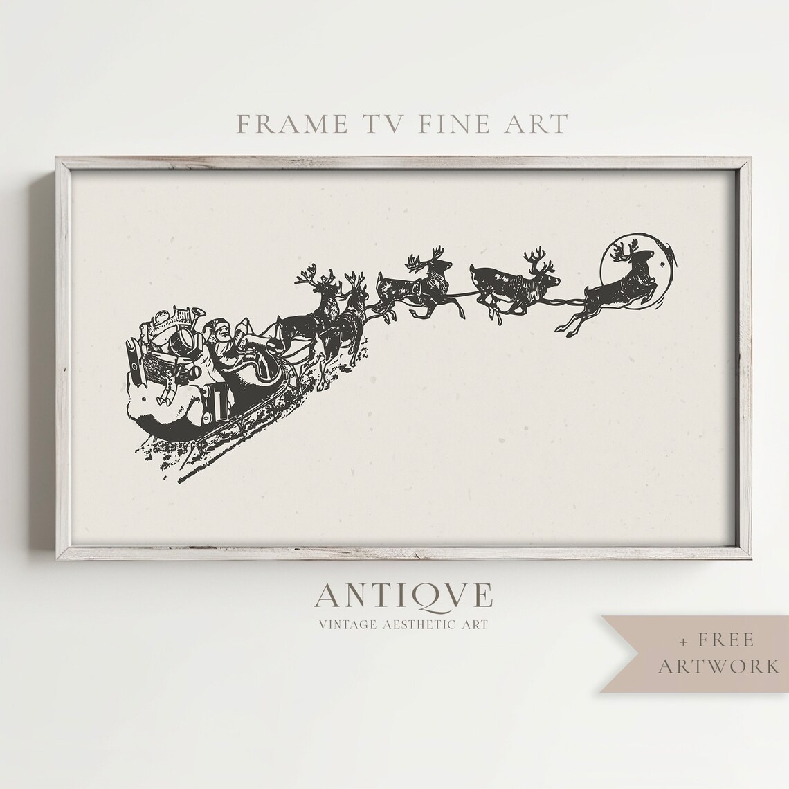 Vintage Santa Sleigh with Reindeer Silhouette Christmas Art Print