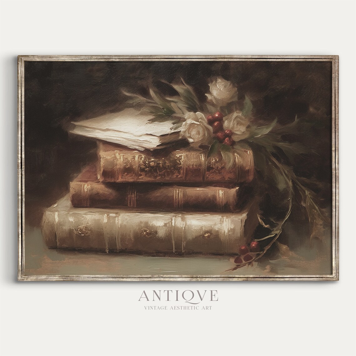 Stack Of Vintage Books Christmas Still Life, Poster Print
