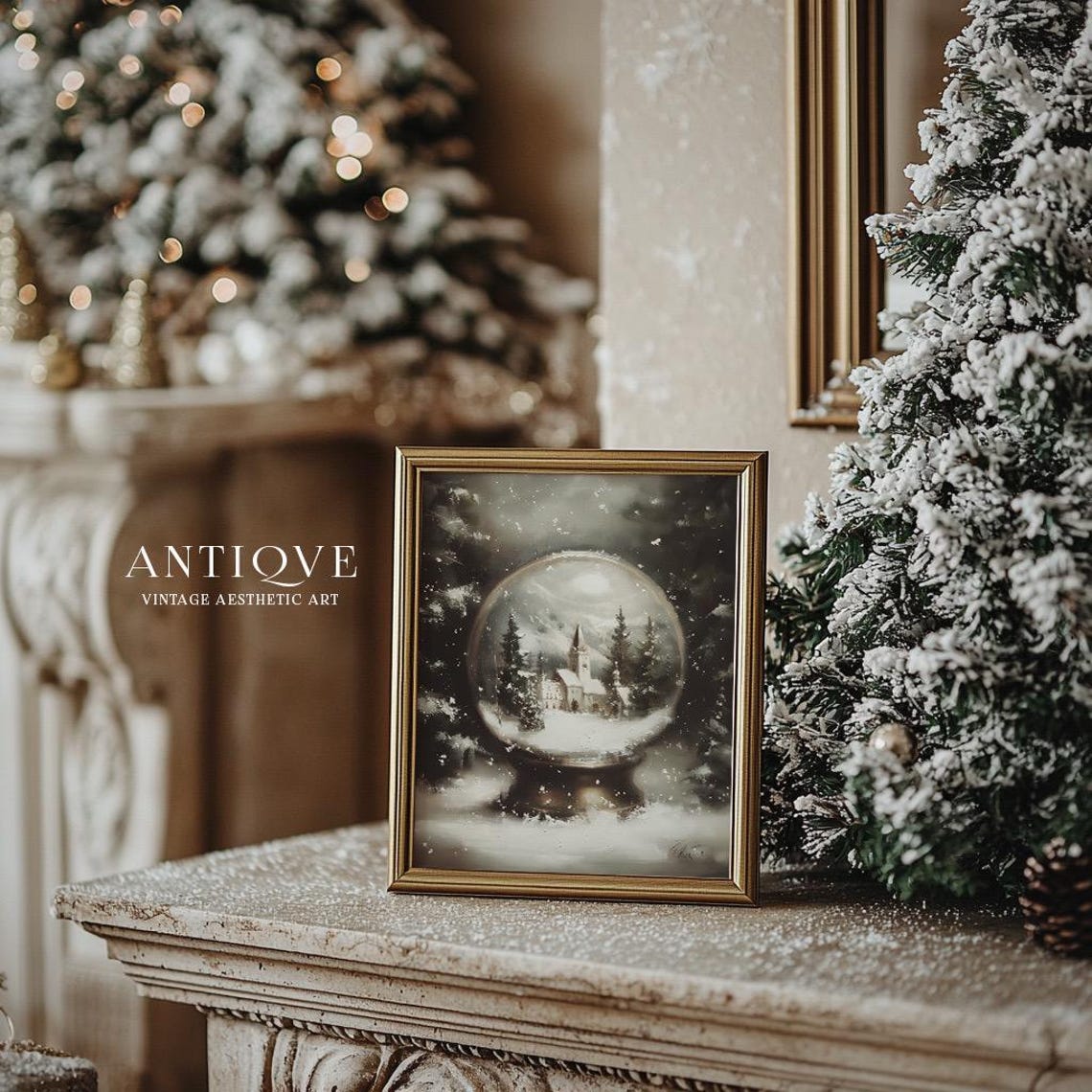 Christmas Snow Globe With Snowy Church Village Painting Art Poster - Image 4