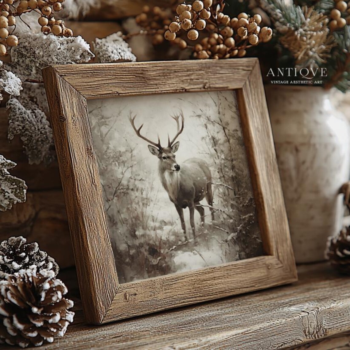 Winter Reindeer in the Snow, Rustic Christmas Decor