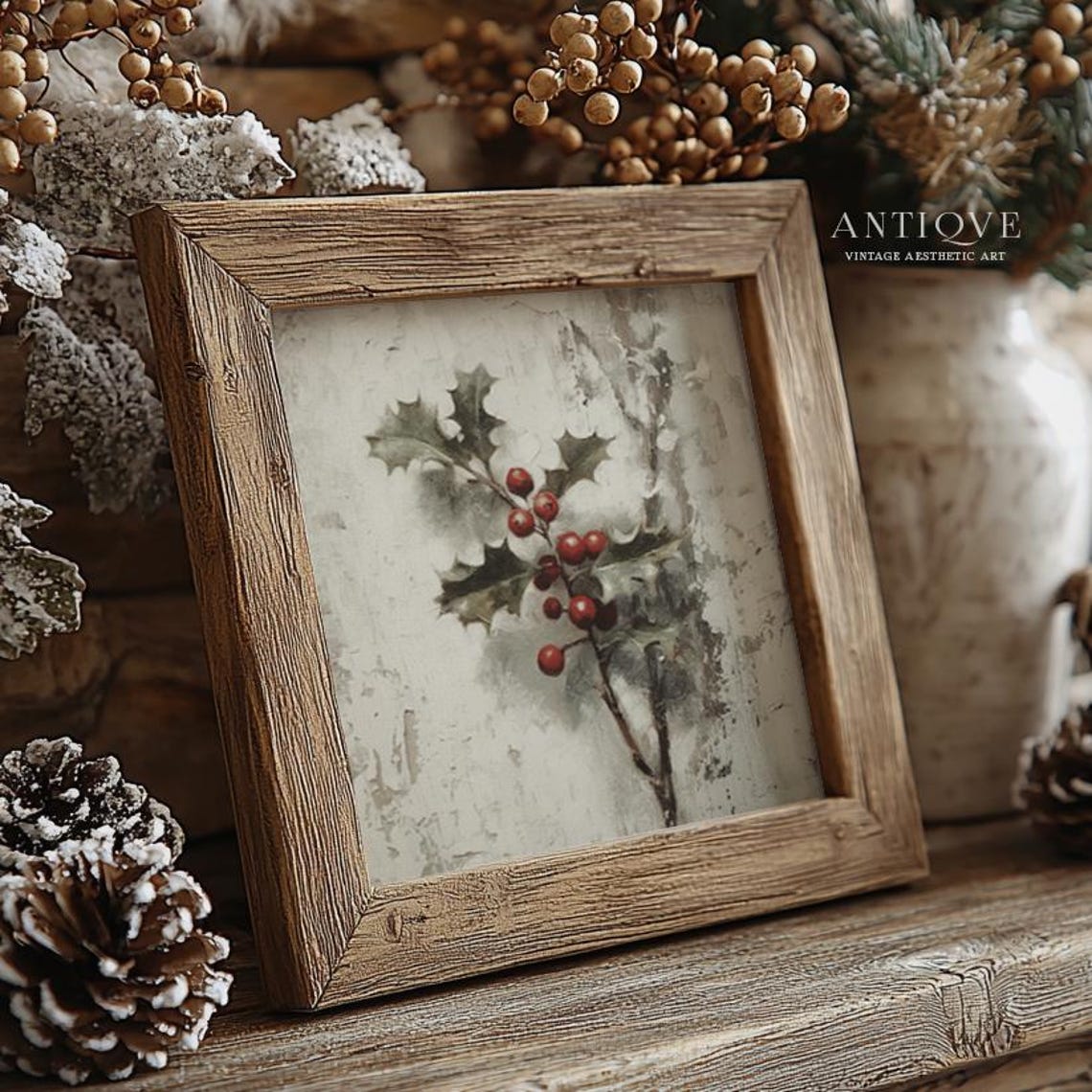 Holly Branch Red Berries on White Textured Rustic Christmas Wall Art - Image 2